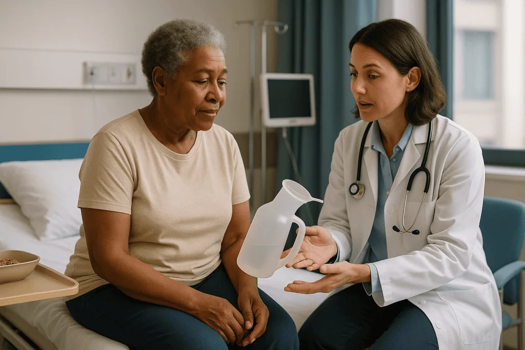 Doctor consulting with older patient in hospital room: What urine output tells your care team, in hospital and at home