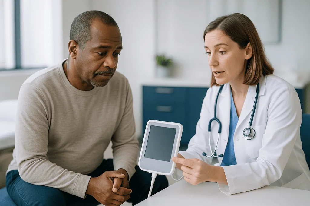 Doctor consulting patient with tablet in clinical setting: What will a FibroScan tell you? Reading the kPa and CAP numbers