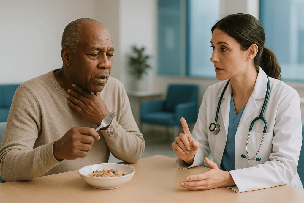 Doctor consulting senior male patient about nutrition and swallowing: When an ENT specialist is the right call