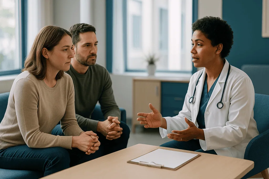 Doctor consulting with couple in clinical setting: When an IVF cycle fails, what next? The review appointment explained