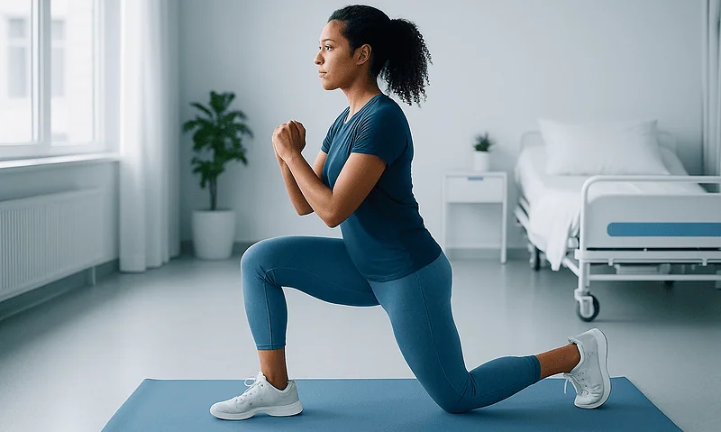 Woman performing lunges in a hospital room for post-surgery recovery.