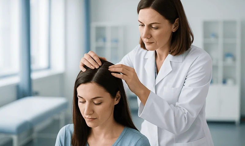 Doctor examining a patient's scalp after brow lift surgery at Acibadem Hospital.