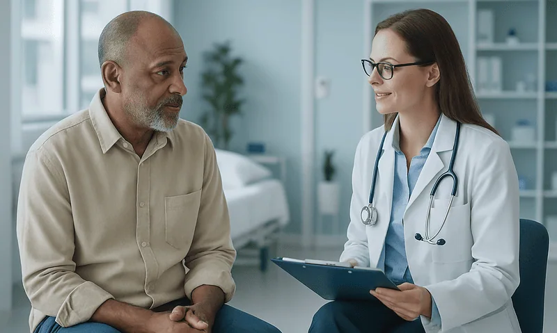 Doctor consulting with a patient in a hospital room.