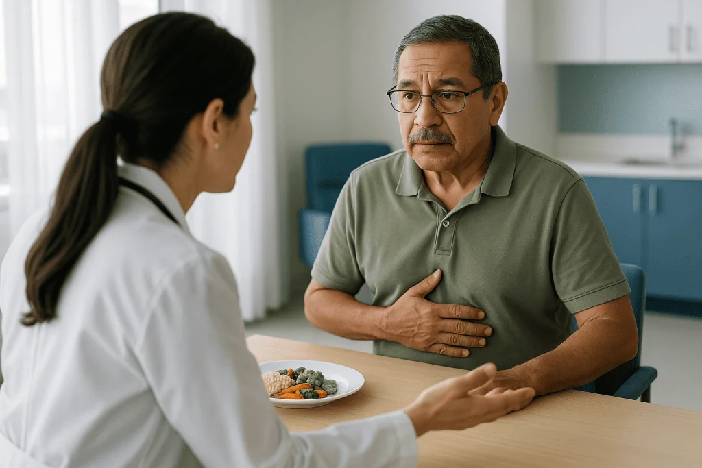 Man and woman in consultation with healthy meal plate: When cirrhosis needs transplant evaluation: the signs that usually pr