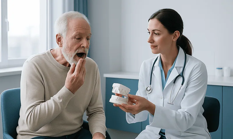 Blog 8 Dentist explaining dental options to an elderly patient in a clinic.