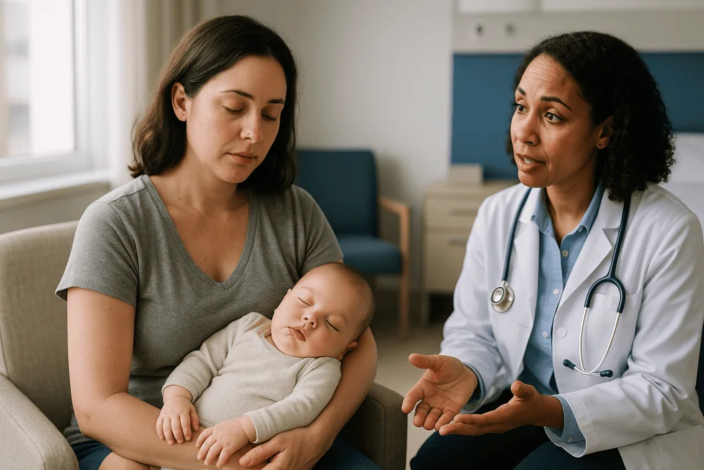 Doctor consulting mother holding sleeping newborn baby: When do babies sleep through the night, honestly?