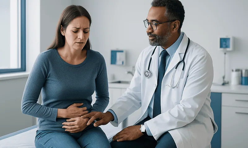 Doctor examining woman with stomach pain in clinic.