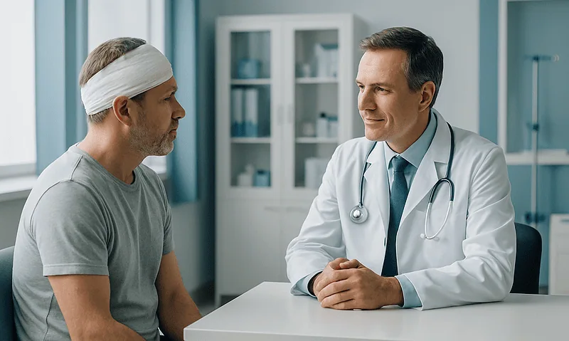 Doctor consulting with patient in hospital room for brain injury assessment.