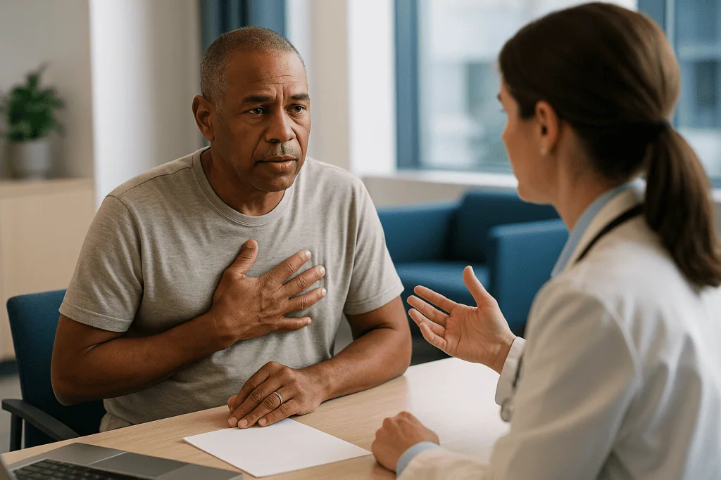 Doctor and patient in consultation discussion conversation: When does angina need a stent? How cardiologists frame the decis