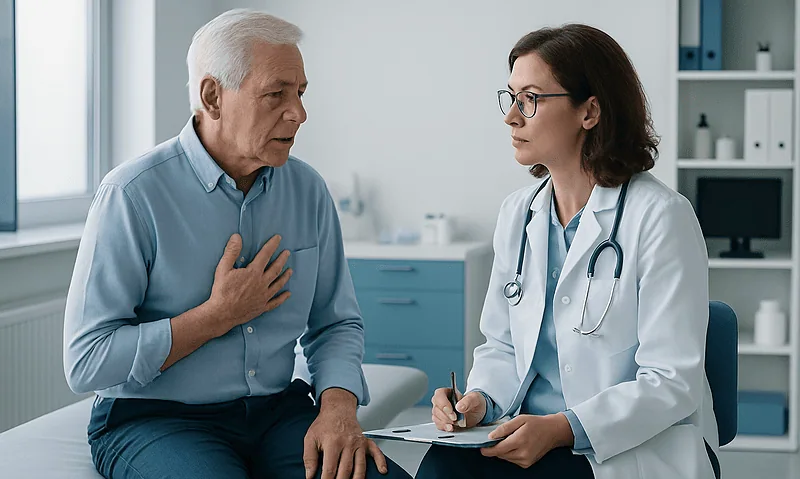 Doctor consulting with an elderly male patient in a medical office.