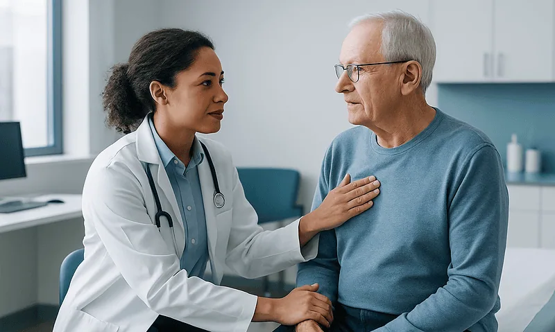 Doctor consulting with elderly patient in a medical office.
