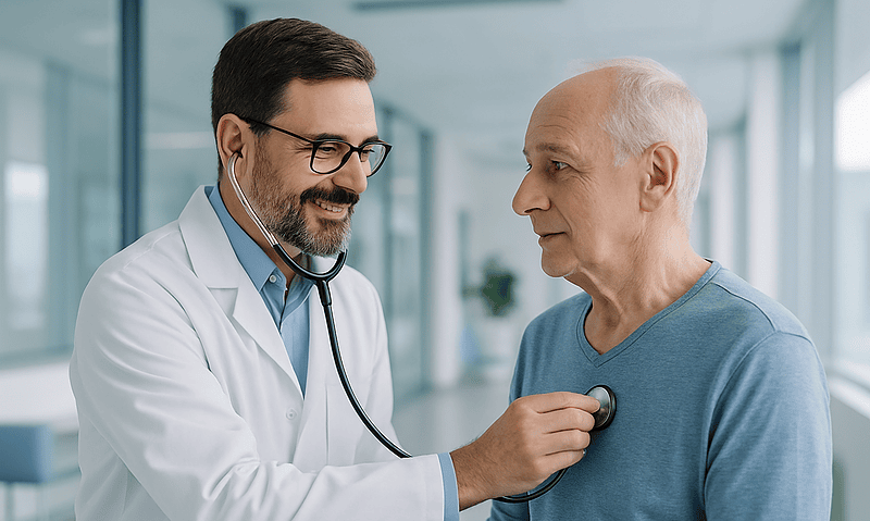 Cardiologist examining an elderly patient with a stethoscope in a hospital corridor.