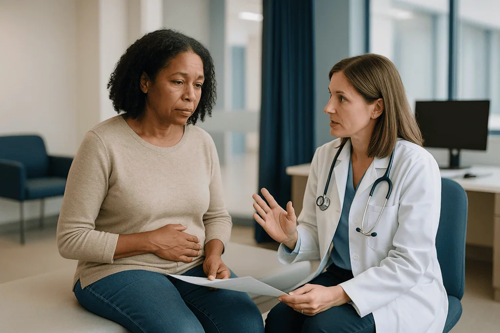 Female doctor consulting middle-aged woman patient: When does perimenopause start, and what sets the clock?