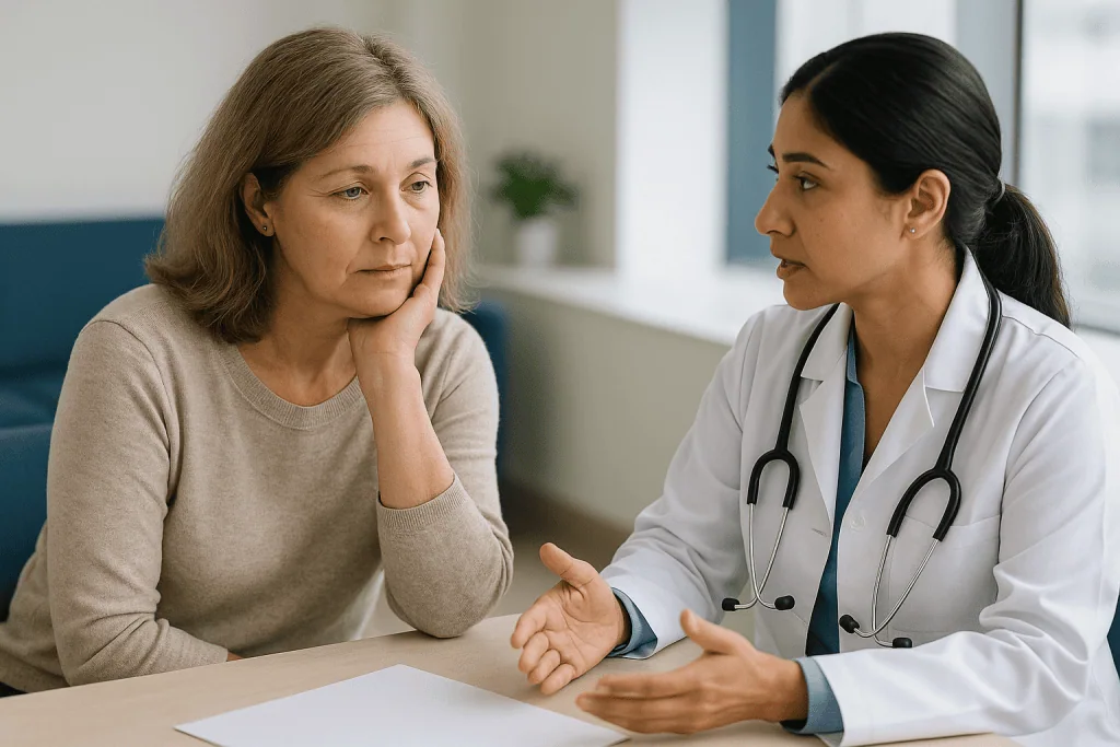 Doctor consulting with middle-aged woman patient: When does perimenopause start, and why is the range so wide?
