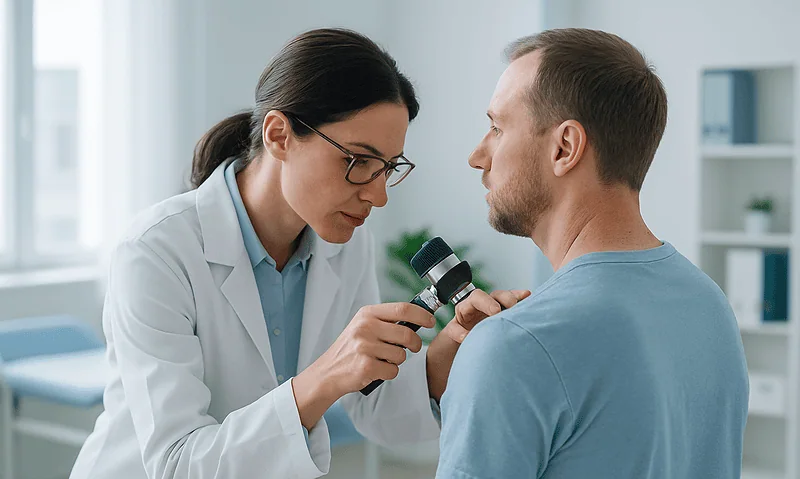 Rheumatologist examining a patient with a stethoscope in a clinical setting.