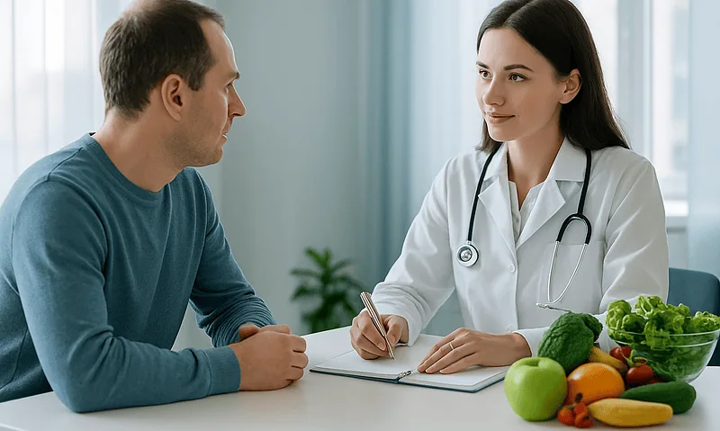 Doctor consulting patient about health and nutrition in a medical office.