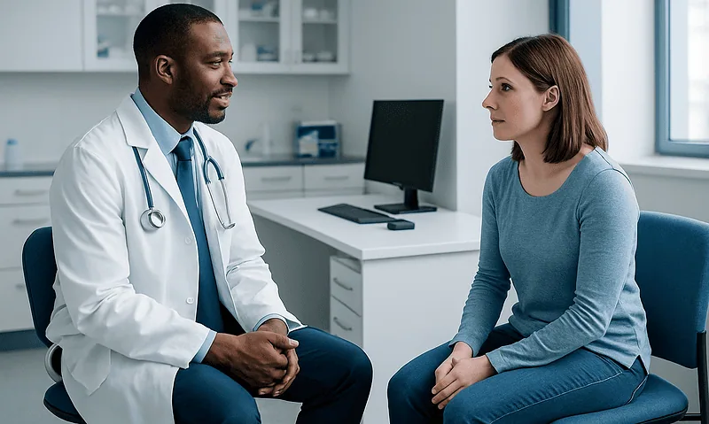 Doctor consulting with a female patient in a medical office.