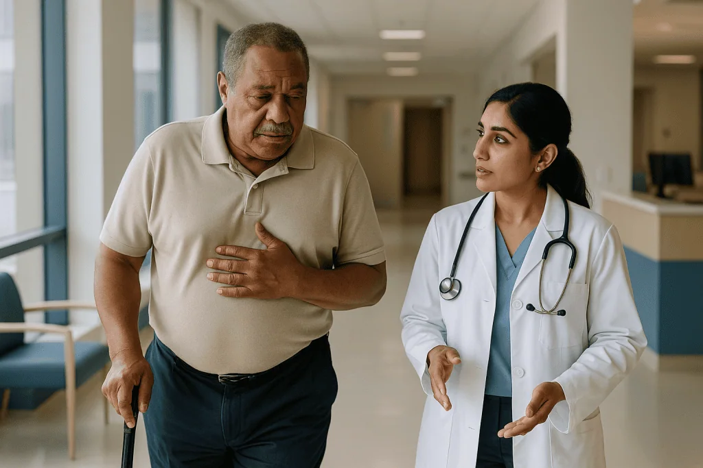 Doctor consulting male patient in hospital corridor: When is heart failure considered advanced? Stages and classes explained