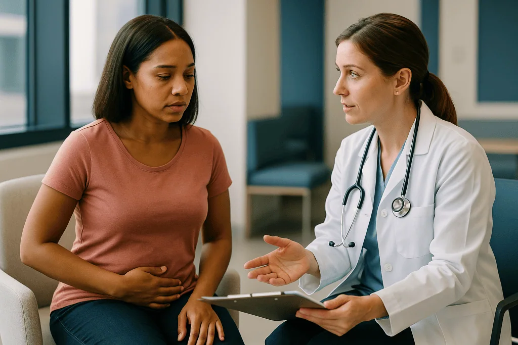 Doctor consulting patient about abdominal symptoms in clinic: When is VUR surgery considered? The triggers urologists actual
