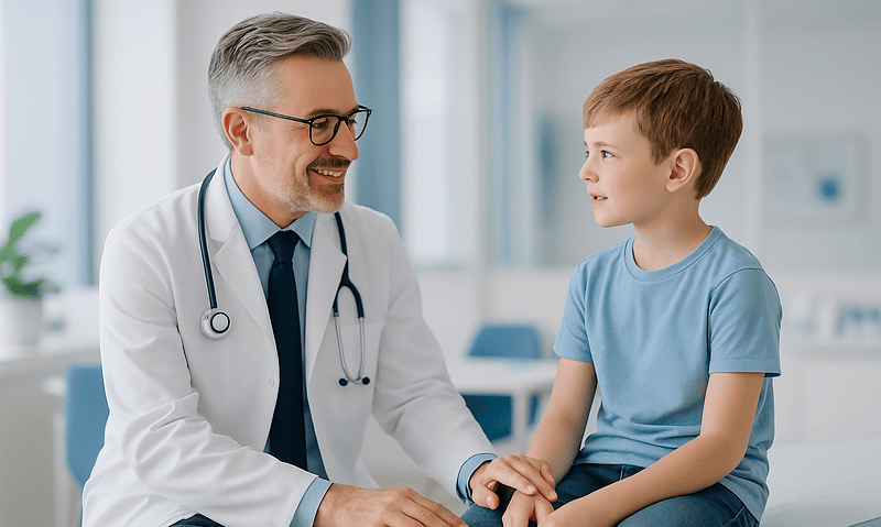 Pediatric urology consultation at Acibadem Hospital with doctor and young patient.