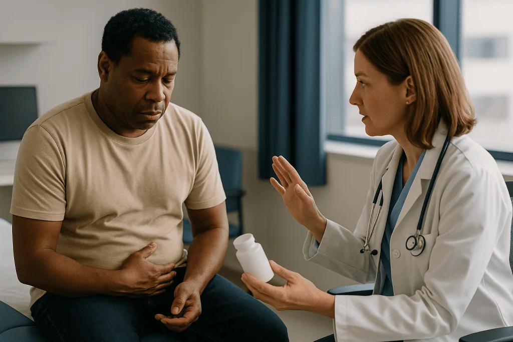 Doctor consulting patient about digestive health condition: When medicines stop working: how the team decides the drugs have
