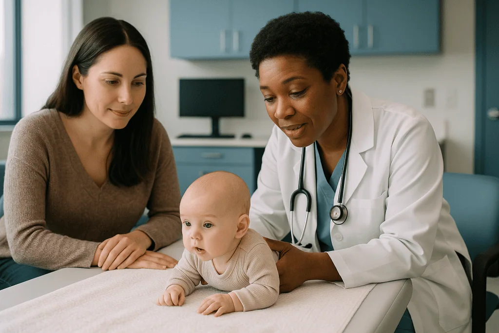 Doctor examining infant with mother present during consultation: When should babies start tummy time?