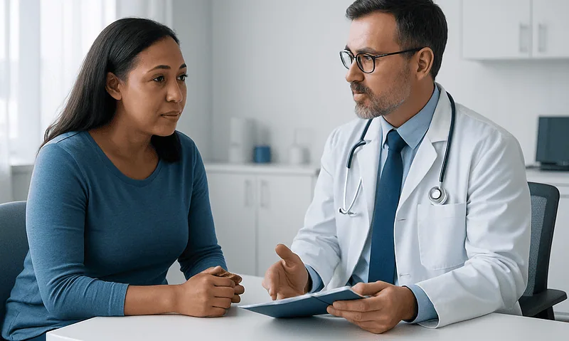 Doctor consulting with a female patient in a medical office setting.