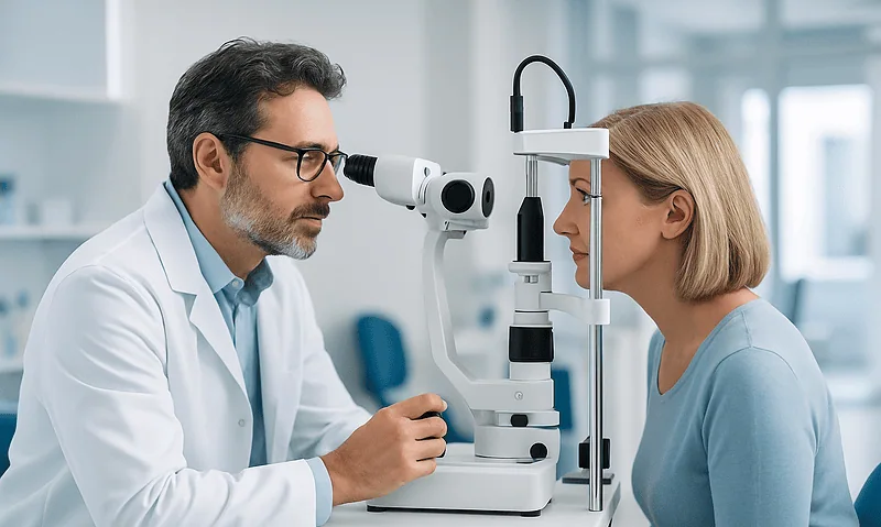 Ophthalmologist examining a woman's eyes with a slit lamp in a clinical setting.