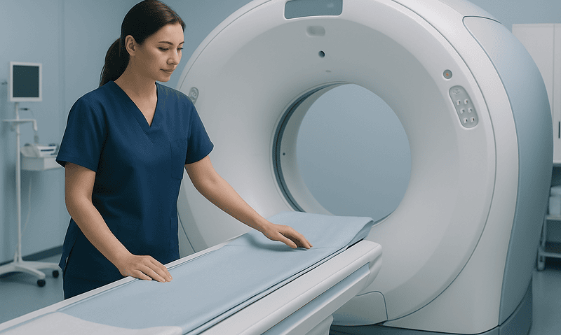 Medical technician prepares MRI scan in a modern hospital setting.