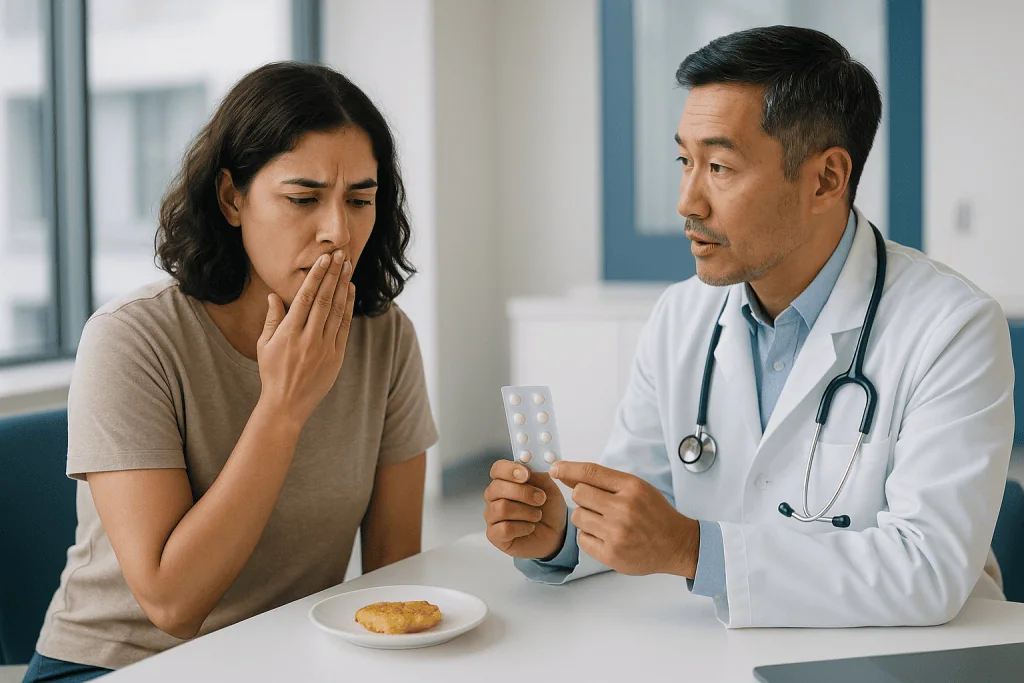 Doctor showing medication blister to concerned patient: Where bad breath really comes from: the sulfur gases