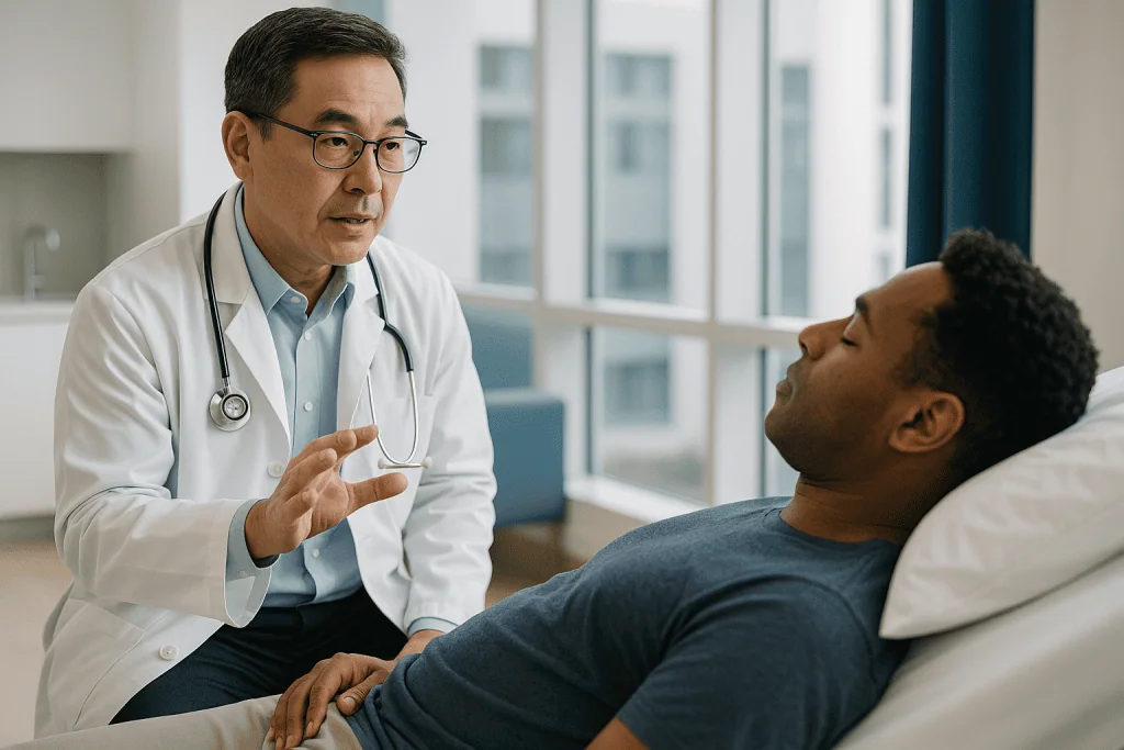 Doctor consulting patient in clinical setting: Where did the military sleep method come from?