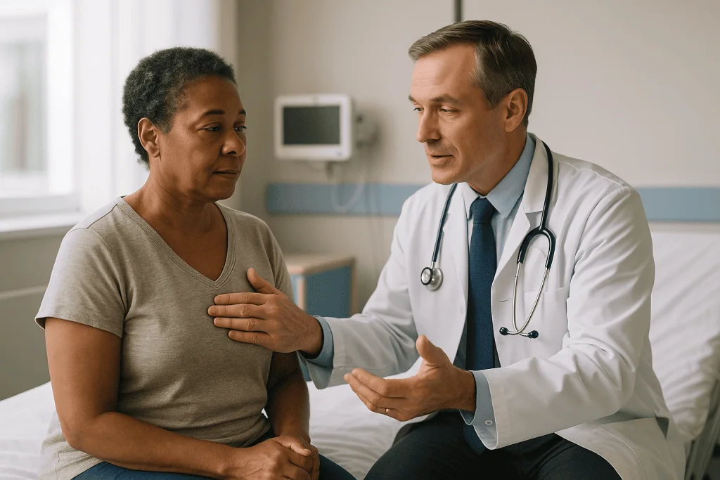 Doctor consulting with patient in clinical setting: Where do the small chest incisions go, and what happens to the lungs?