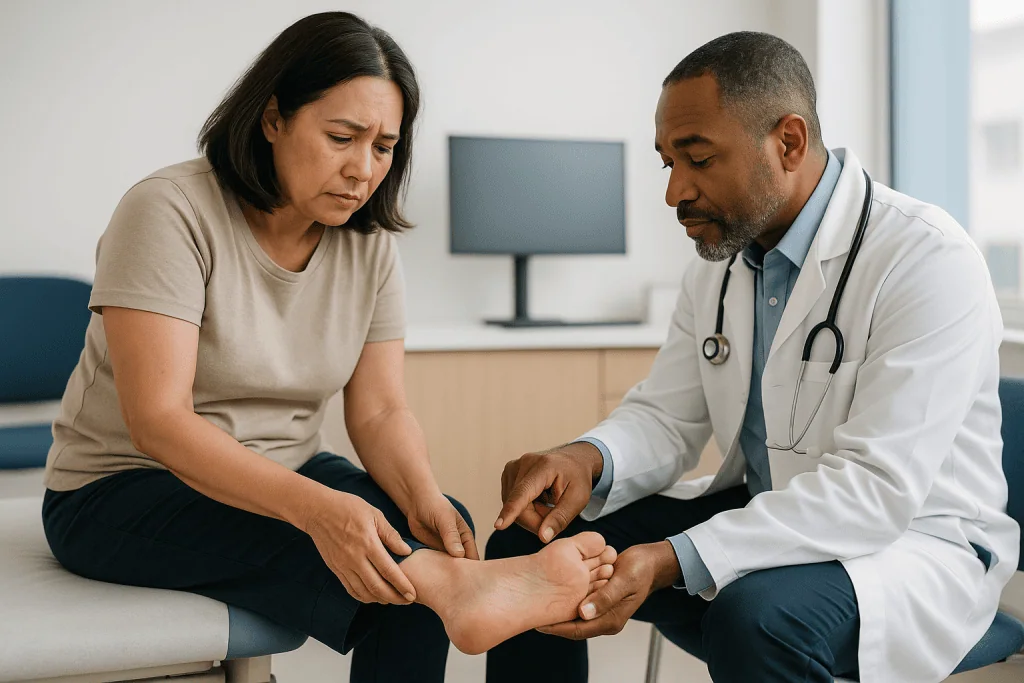 Doctor examining patient's foot and ankle: Where exactly does your heel hurt? Start with the map