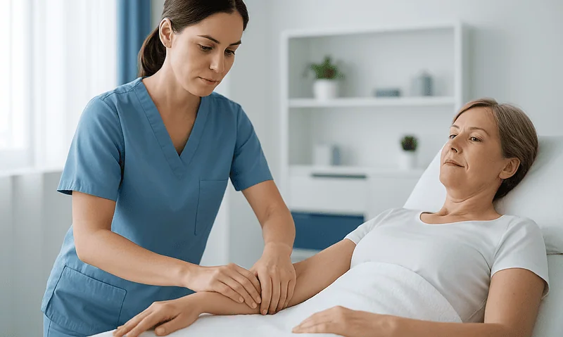 Nurse performing a blood test on a patient in a hospital room.