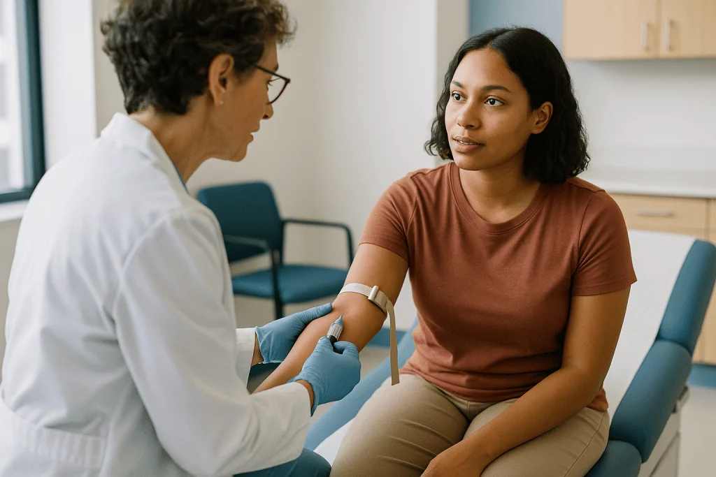 Healthcare provider examining patient's arm during medical consultation: Which blood tests are done before vaginoplasty, and