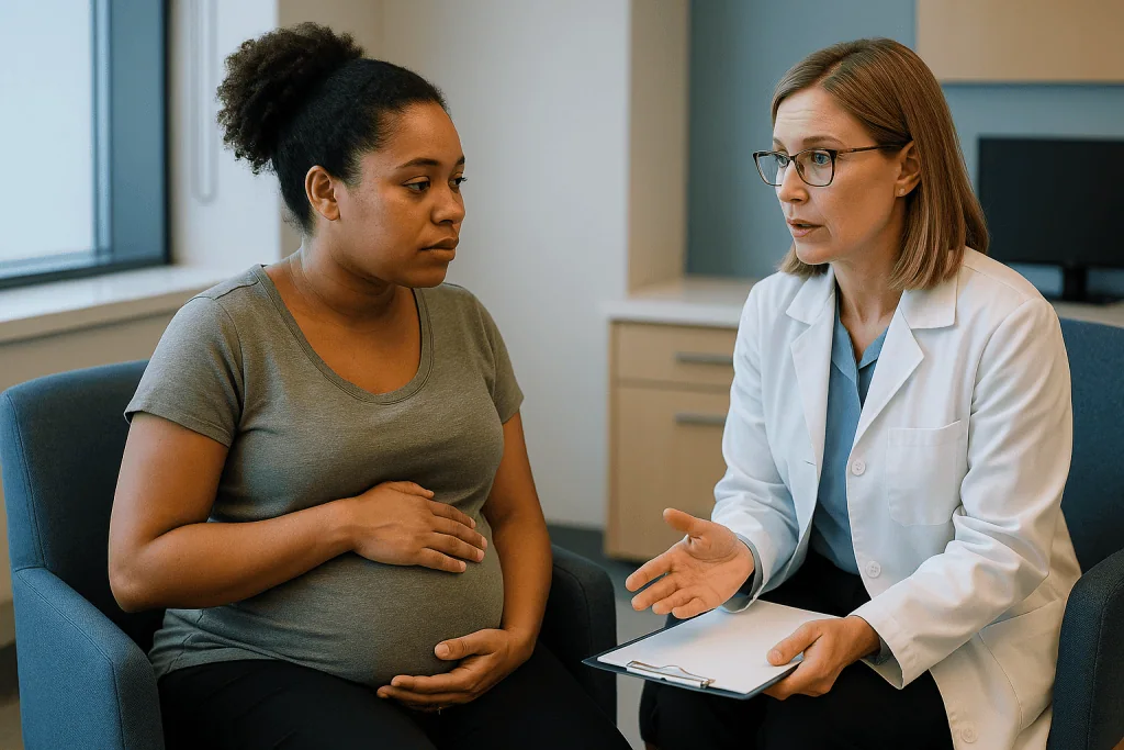 Pregnant woman in consultation with female doctor: Which conditions is fetal surgery usually offered for, and who is usually