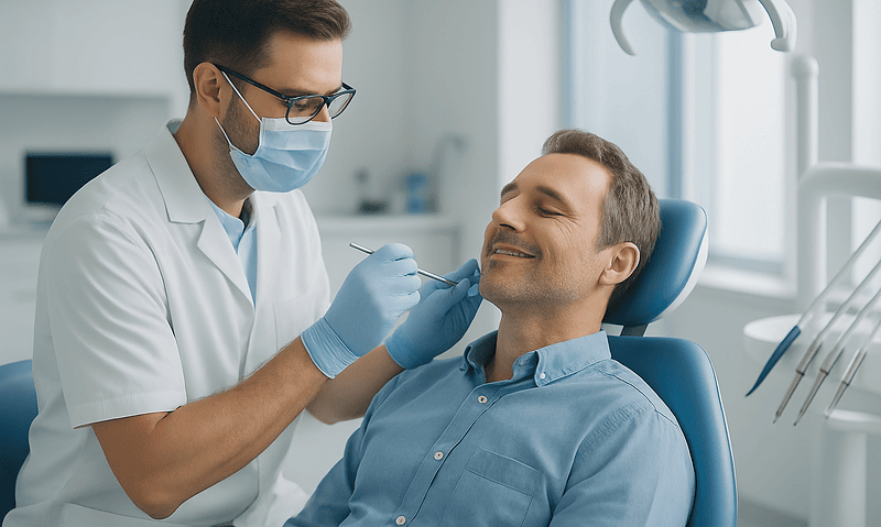 Dentist performing a dental procedure on a patient in a clinic setting.