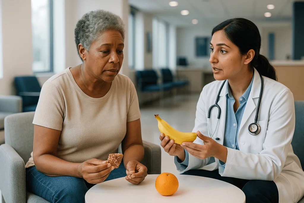 Doctor counseling patient about nutrition with fruit: Which foods raise blood sugar fastest during a low?