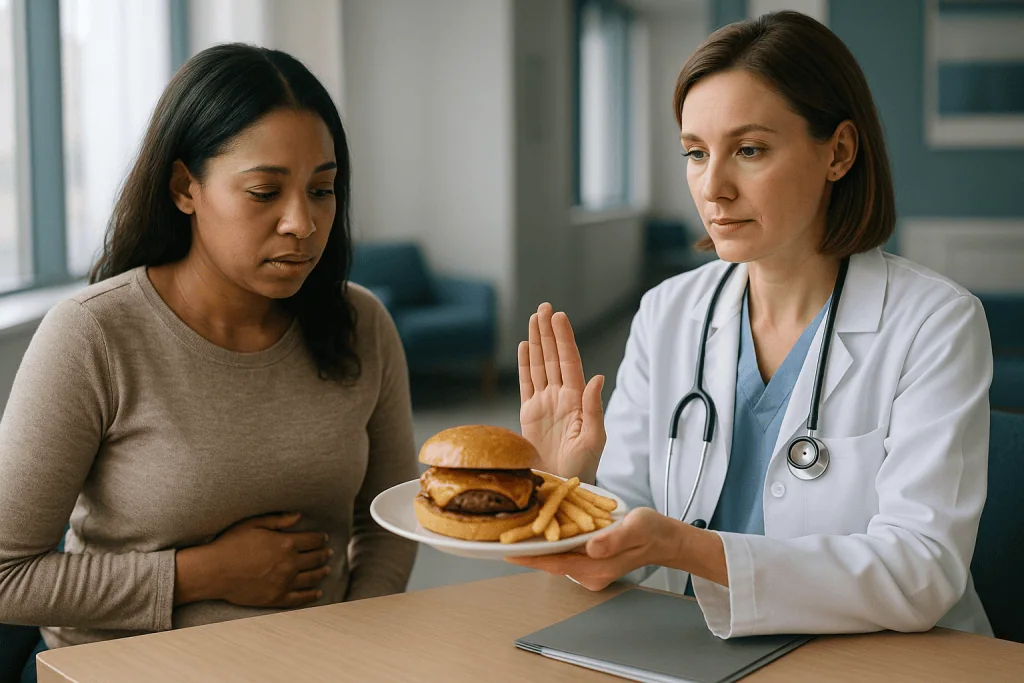 Doctor advising patient about unhealthy fast food diet: Which foods to avoid with gallstones?