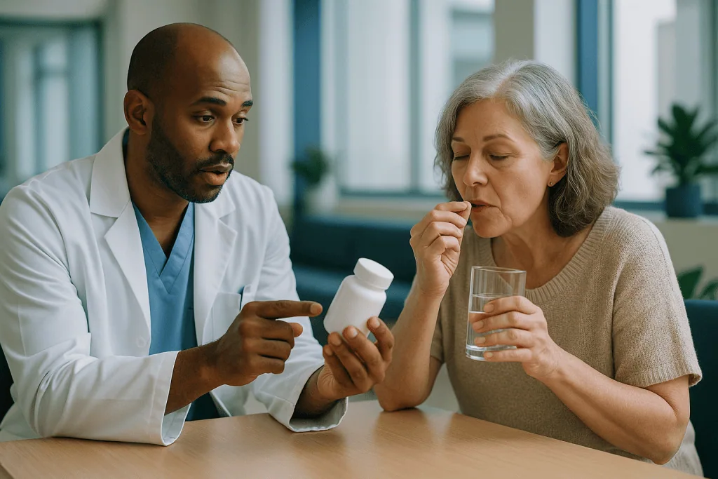 Doctor consulting with patient about medication bottle: Which form is absorbed best? What bioavailability studies show