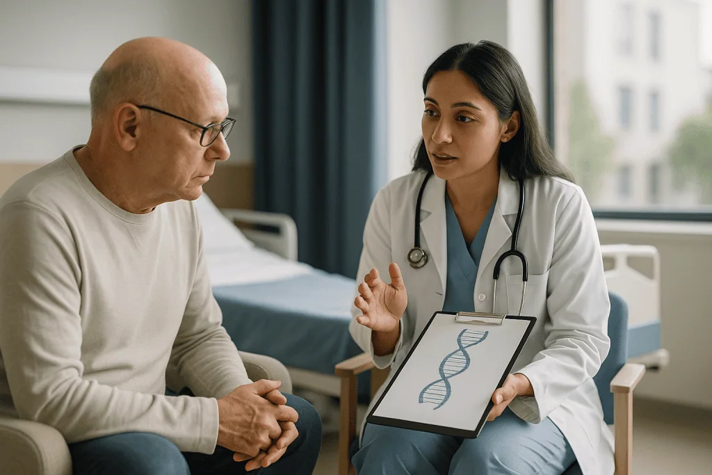 Doctor consulting patient with DNA strand diagram on tablet: Which genetic mutations in AML matter most, and what each tells