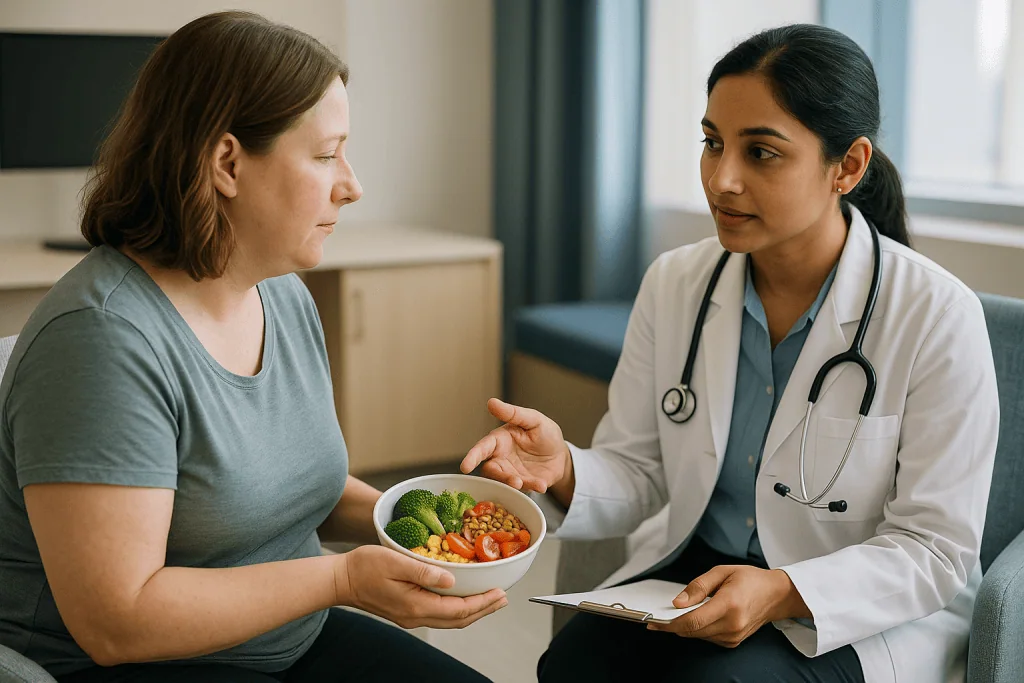 Doctor consulting patient about healthy diet nutrition: Which GLP-1 foods actually trigger your gut hormones?