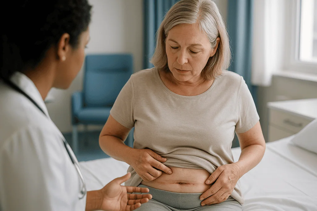 Doctor examining patient's abdomen during consultation: Which hysterectomy warning signs matter most in the first two weeks?