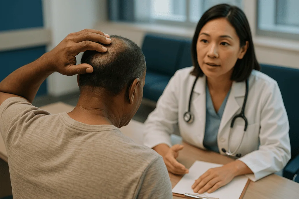 Doctor consulting male patient about hair loss condition: Which kind of hair loss are you trying to stop?