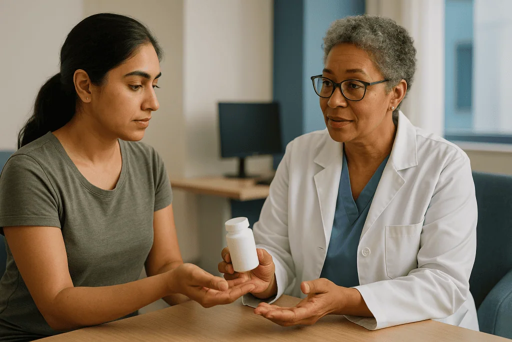 Doctor consulting patient with medication bottle: Which malaria prophylaxis options exist today?