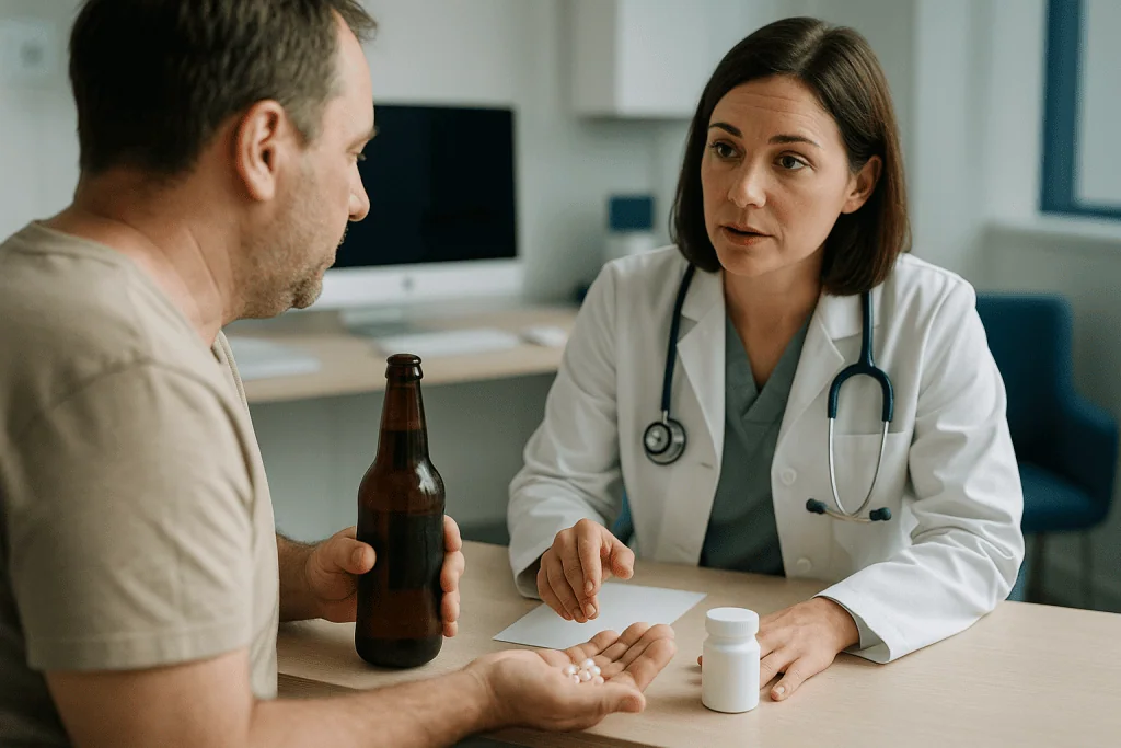Doctor consulting male patient about alcohol consumption: Which medications cause gynaecomastia, and what about alcohol and 