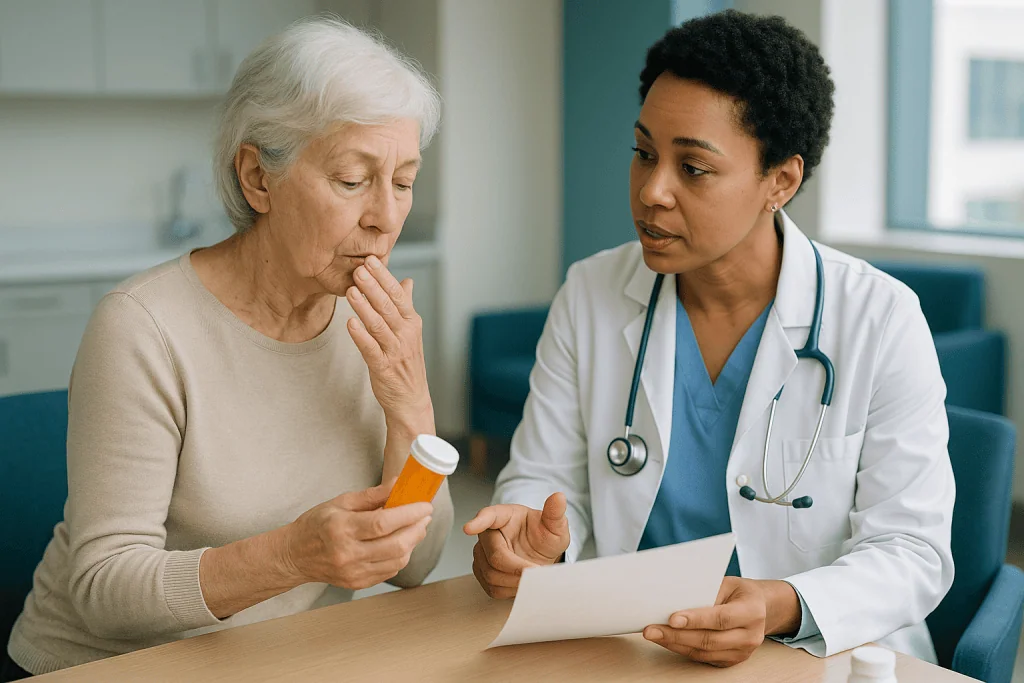 Doctor consulting with senior patient about medication: Which medicines dry the mouth, and what a review involves