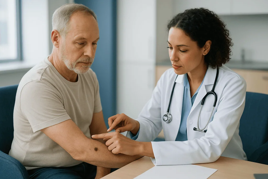 Doctor examining patient's arm skin lesion: Which mole type is highest risk for melanoma?