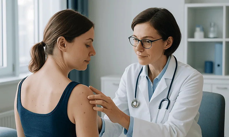 Dermatologist examining a mole on a woman's shoulder in a clinic setting.