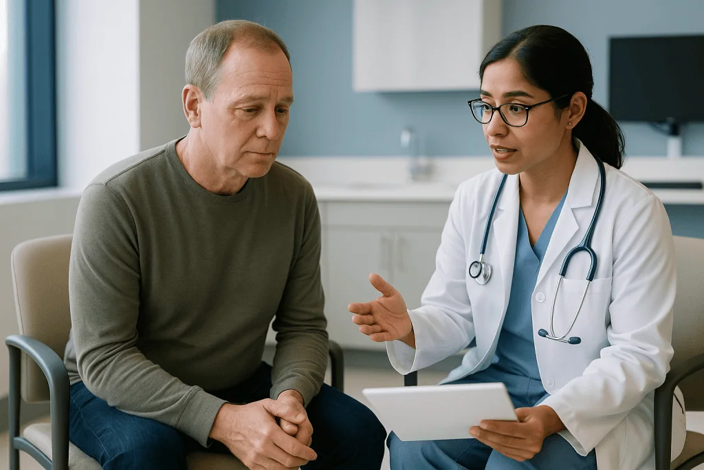 Doctor consulting with male patient in clinical office: Which patients go to the board, and who is usually asked to wait?